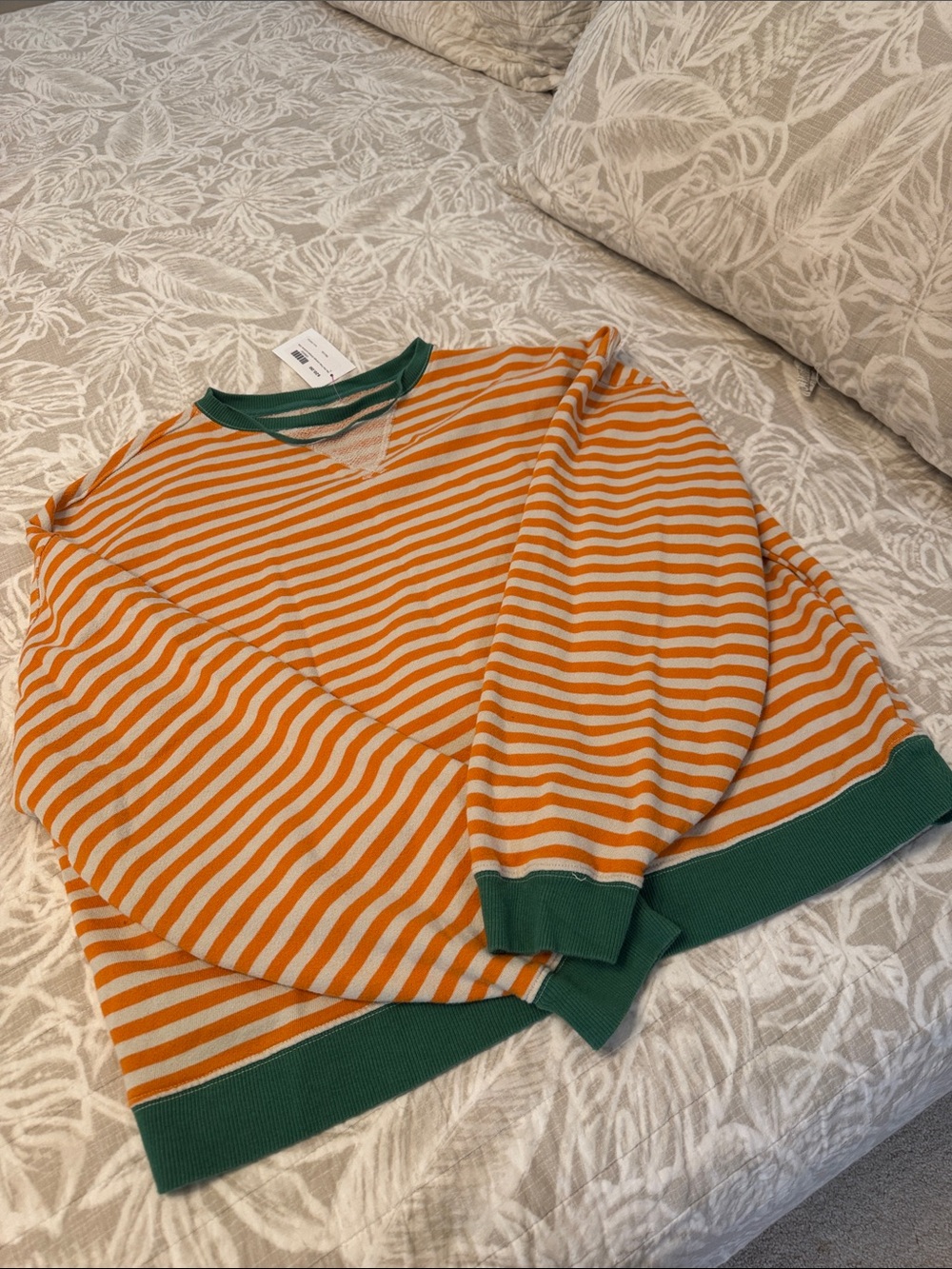 We The Free Orange & Cream Striped Crewneck with Green Trim